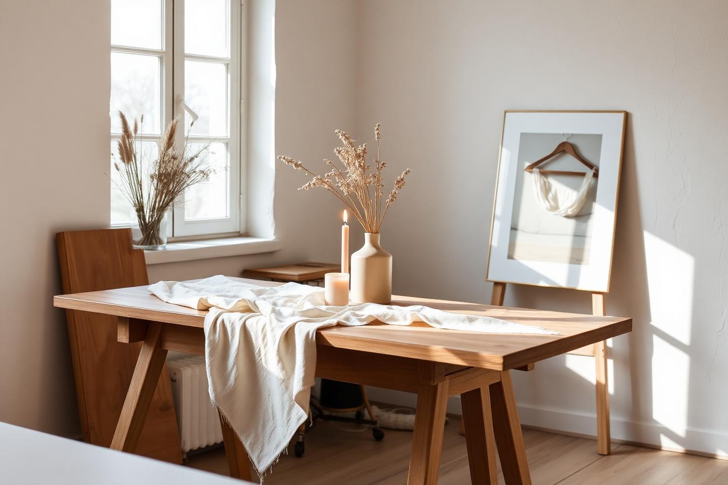 Luminell Atelier workspace with natural light, linen, and candles